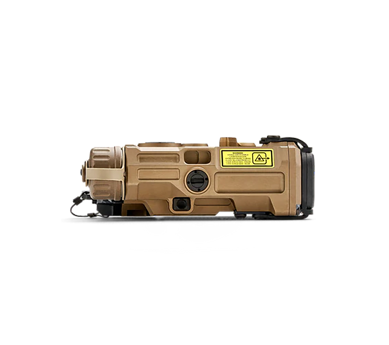 Side view of a tactical flashlight in tan color.