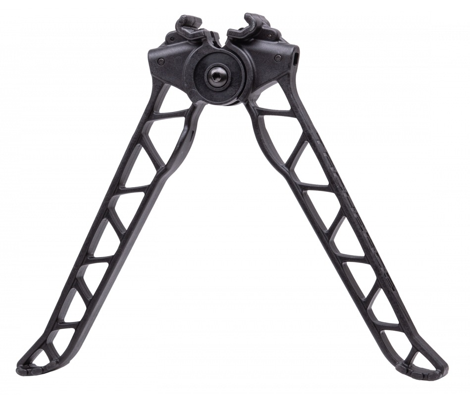 Black adjustable firearm bipod with ergonomic design.