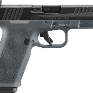 Gray handgun with black slide and textured grip.
