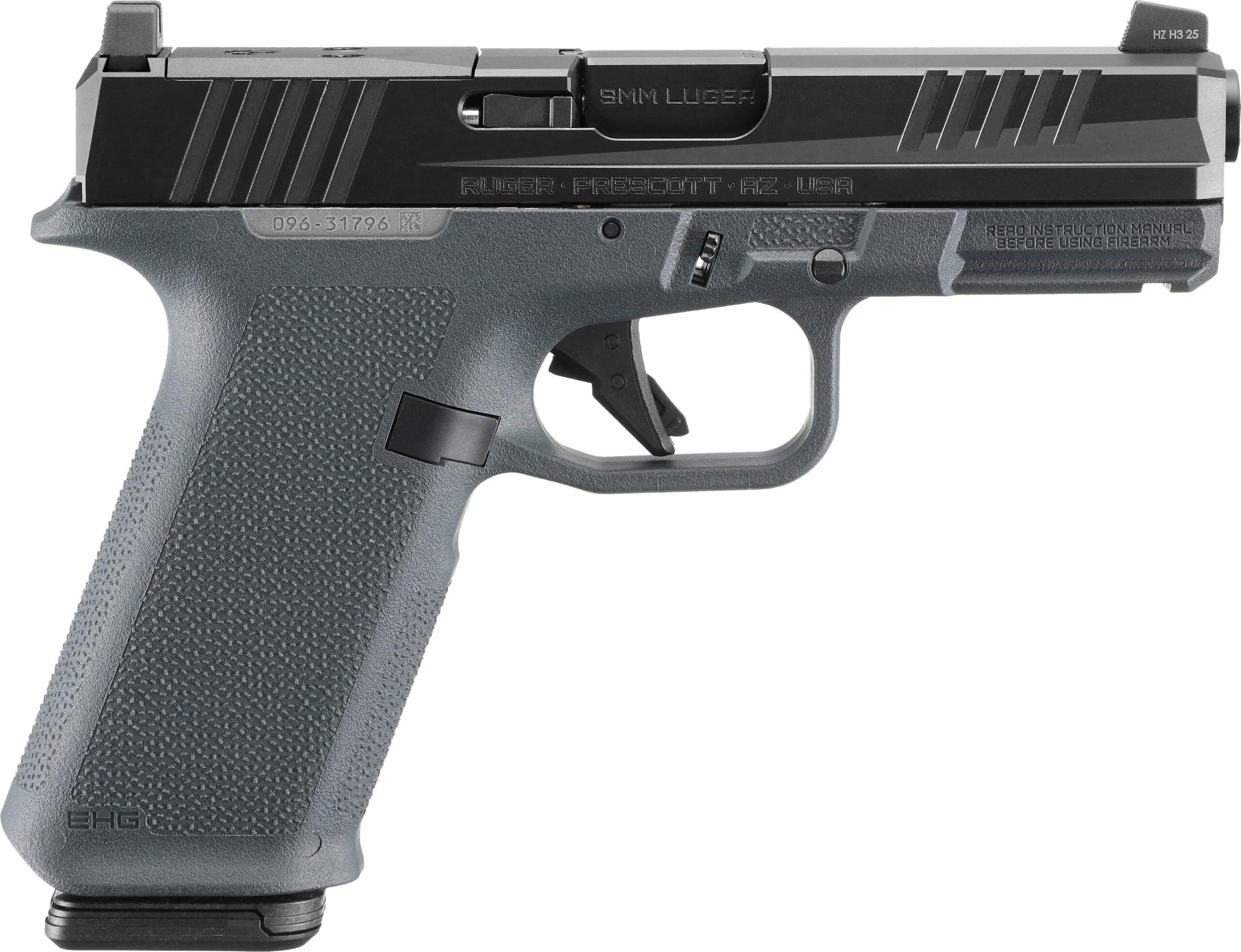 Gray handgun with black slide and textured grip.