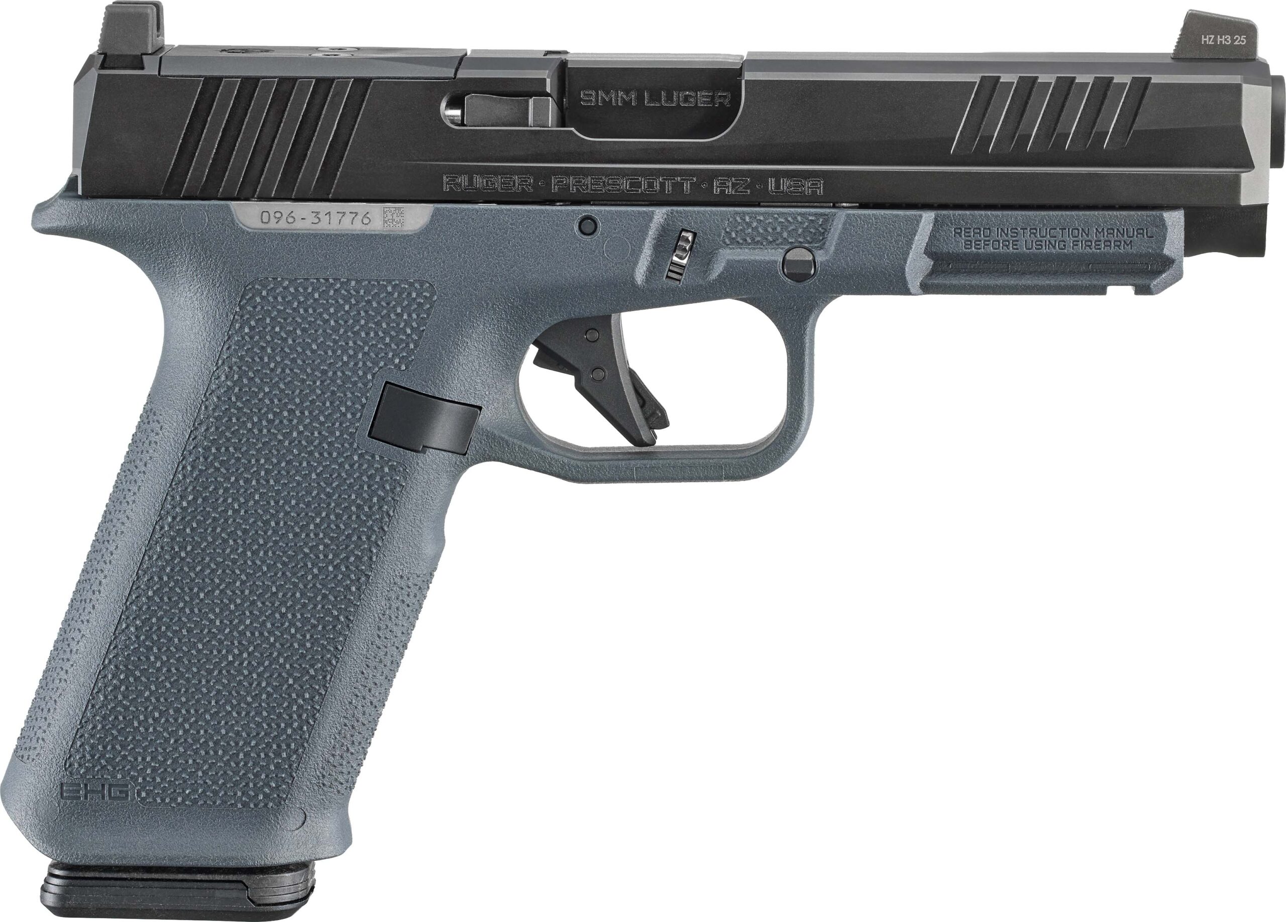 Close-up of a modern semi-automatic handgun.