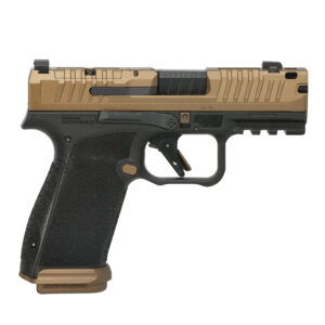 Image of a semi-automatic handgun in brown and black.