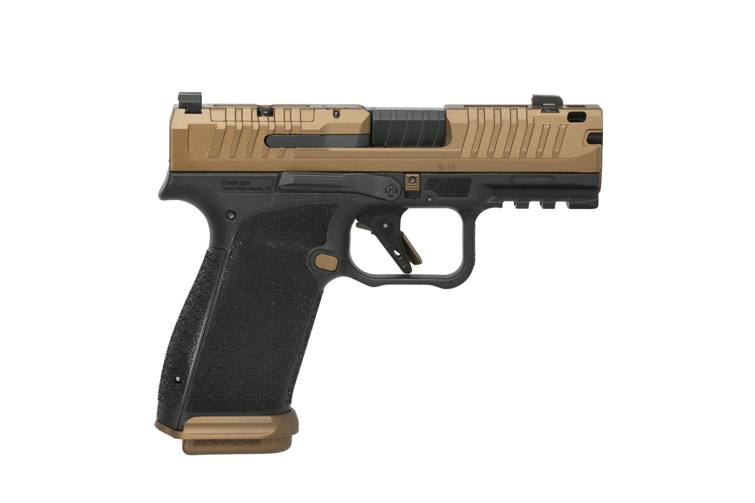 Image of a semi-automatic handgun in brown and black.