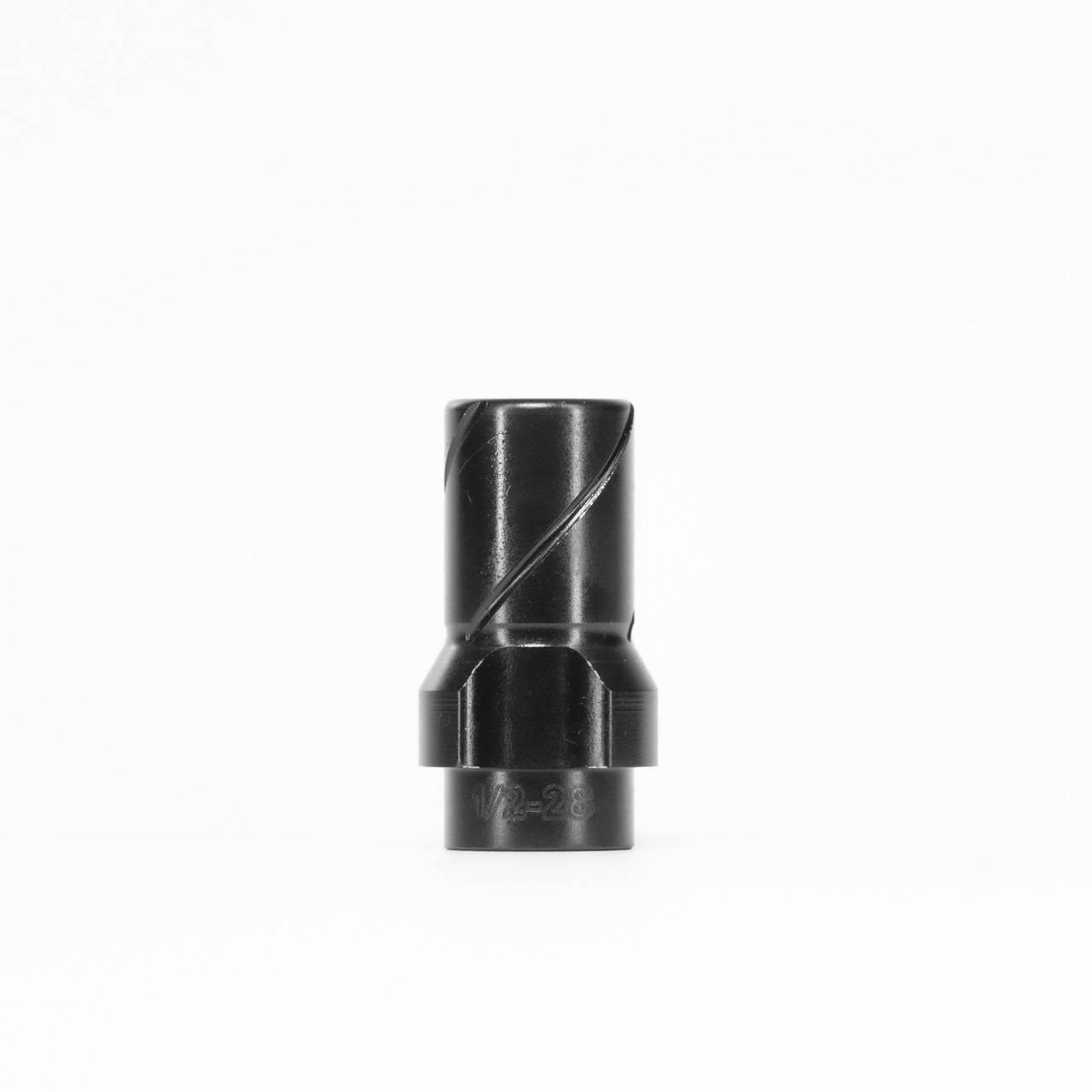 Black firearm muzzle brake with spiral design.