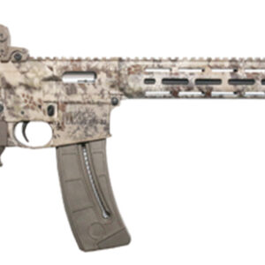 Camouflaged rifle with tactical features.