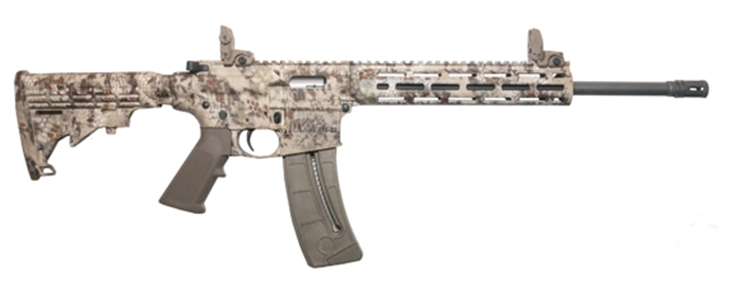 Camouflaged rifle with tactical features.