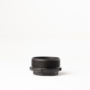 Black threaded pipe fitting on a white background.