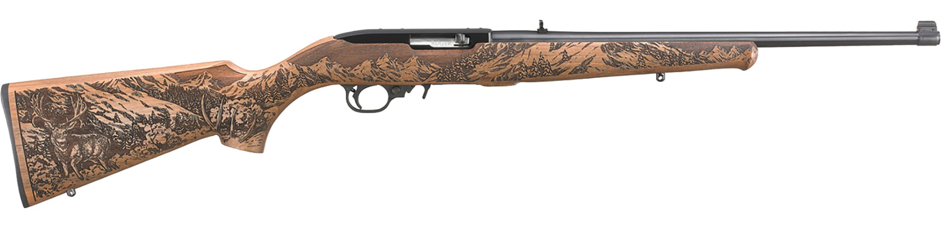 Decorative rifle with engraved wooden stock design.