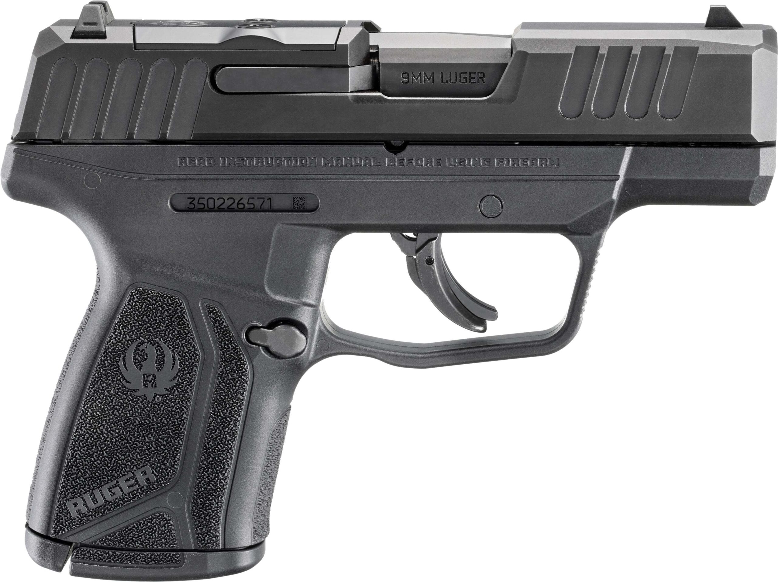 Black semi-automatic handgun with textured grip.