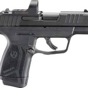 Black semi-automatic handgun with red dot sight.