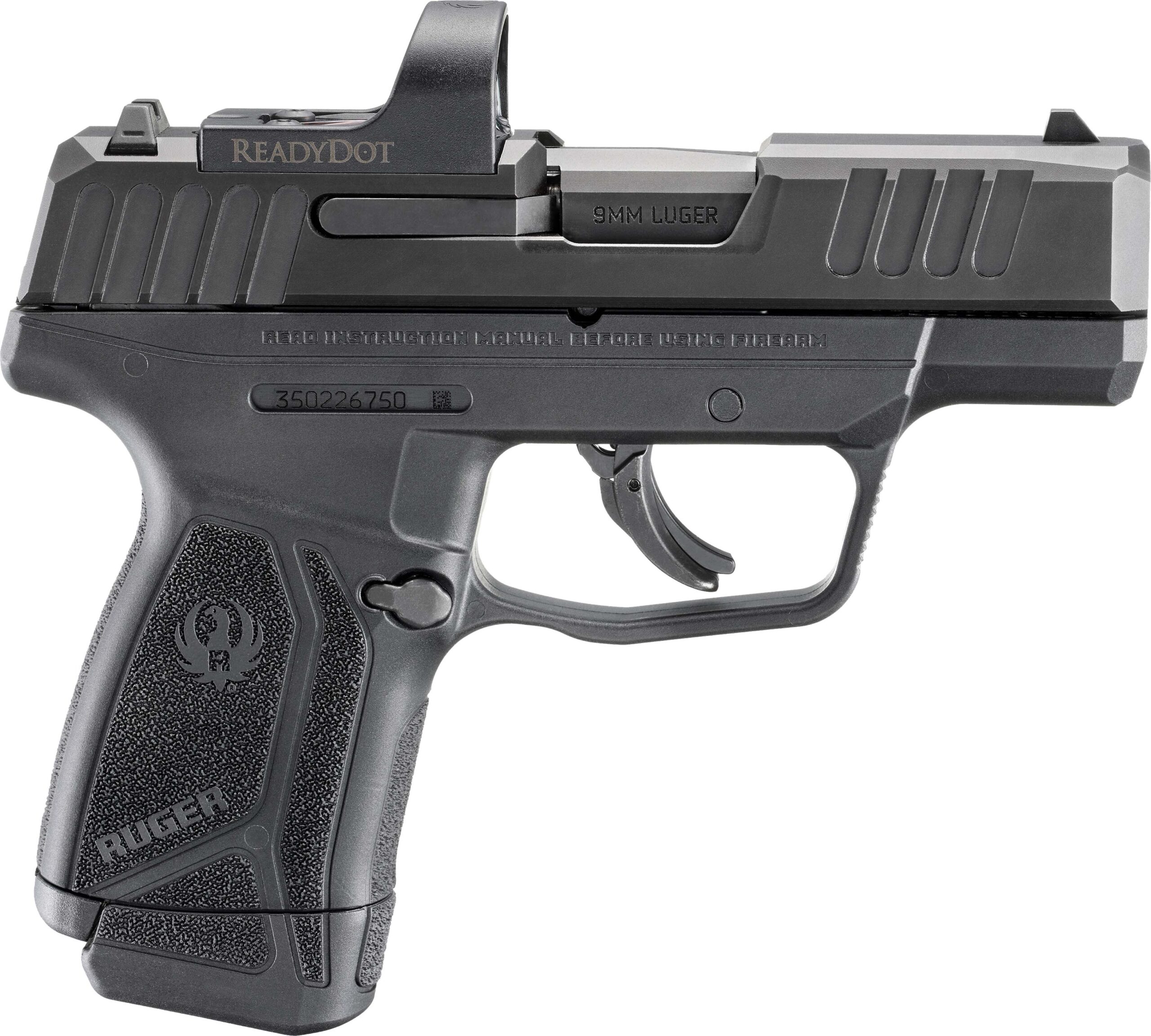 Black semi-automatic handgun with red dot sight.
