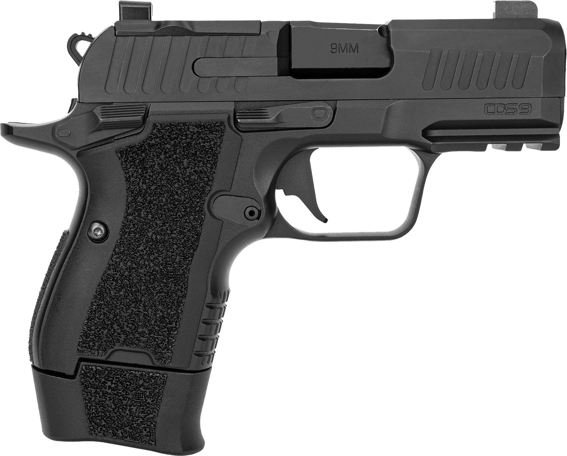 Side view of a black semi-automatic handgun