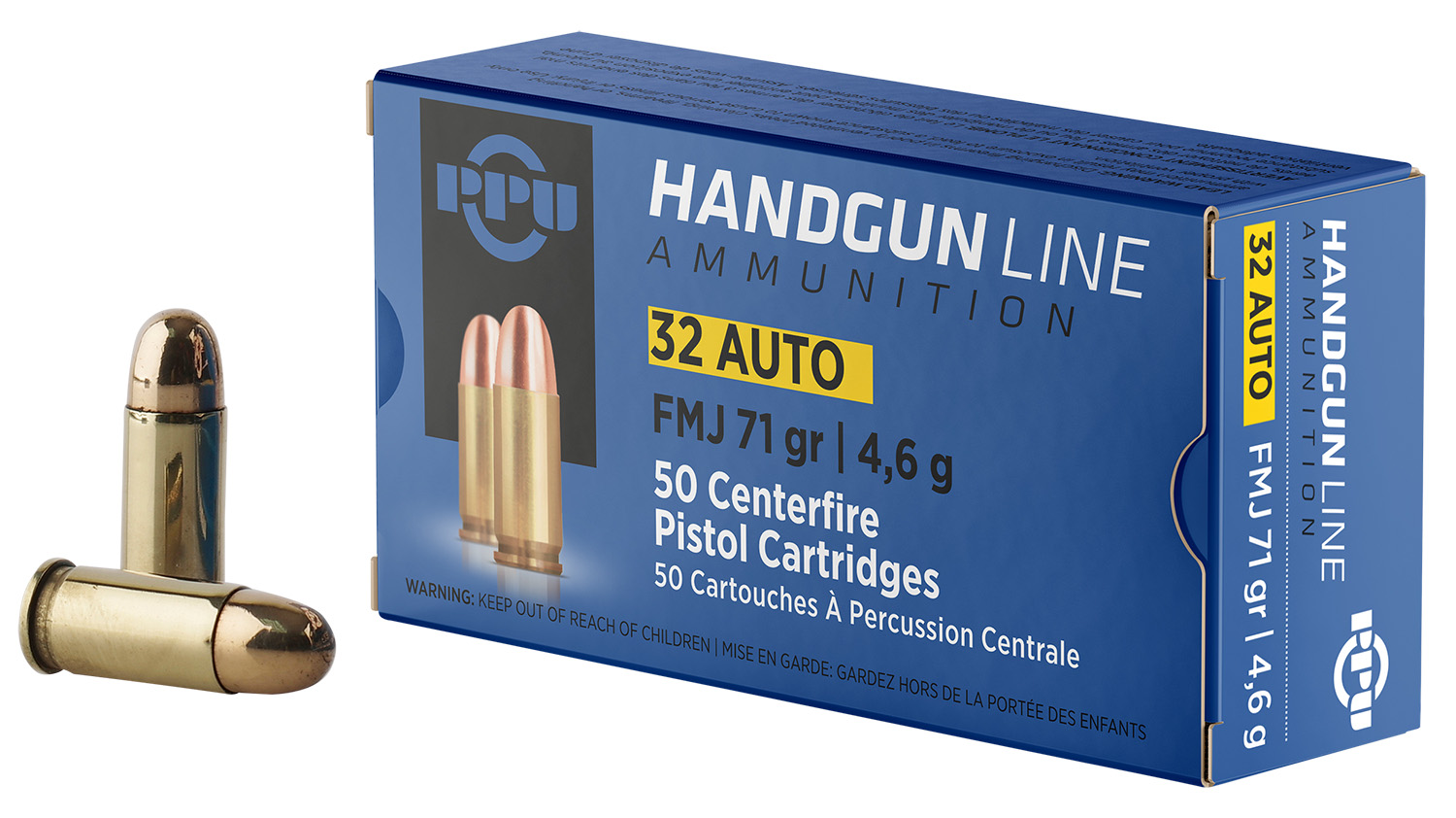 Box of 32 Auto pistol ammunition cartridges.