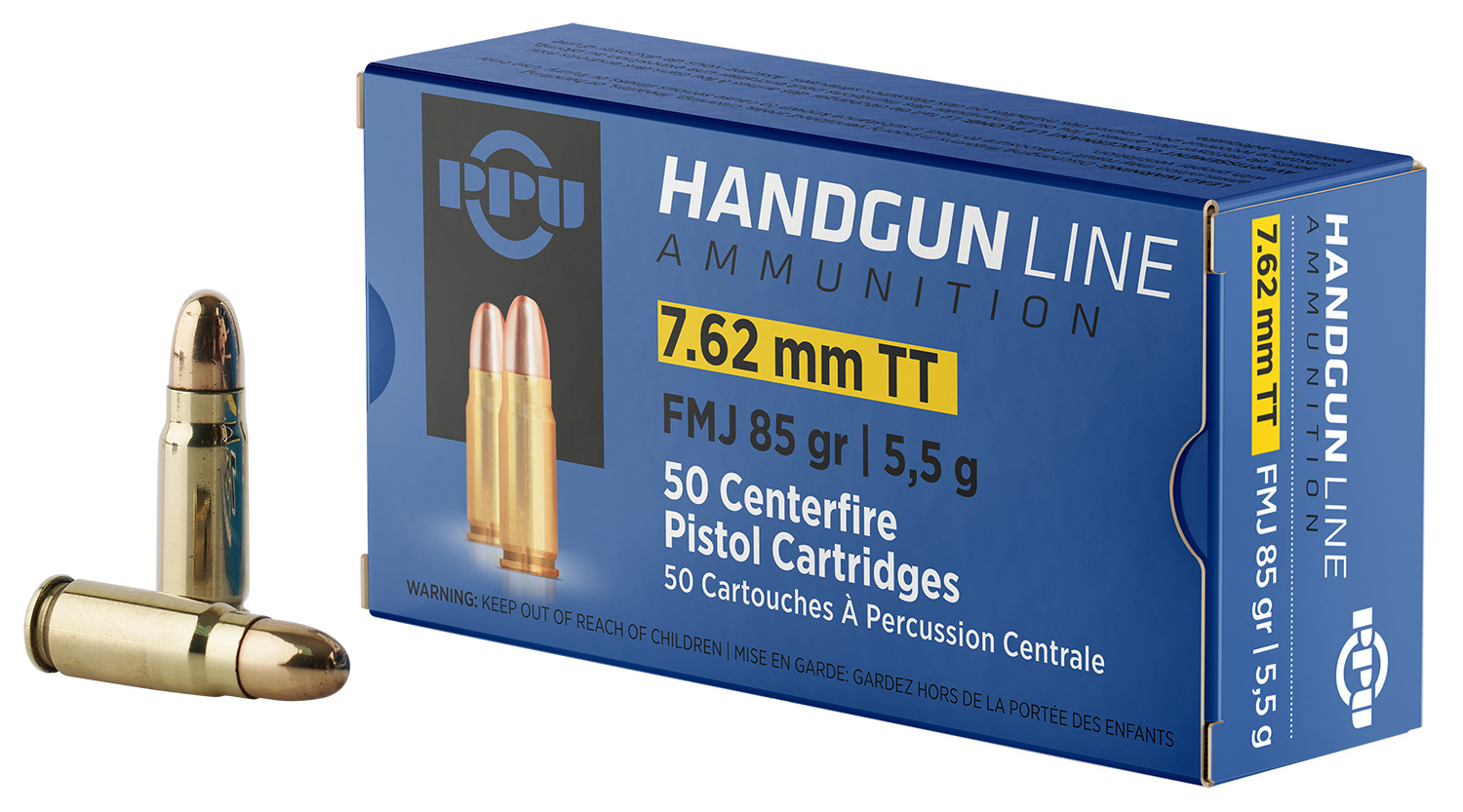 Box of 7.62 mm TT handgun ammunition and cartridges
