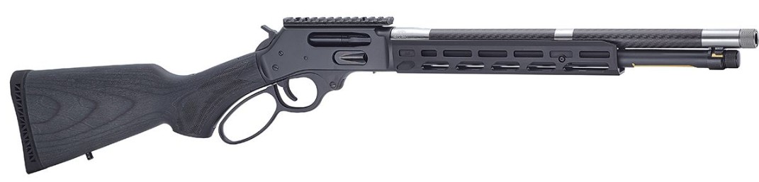 Black lever-action rifle on a white background.