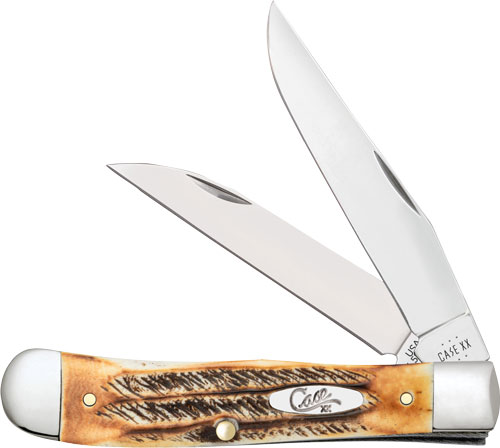 Folded pocket knife with two stainless steel blades.