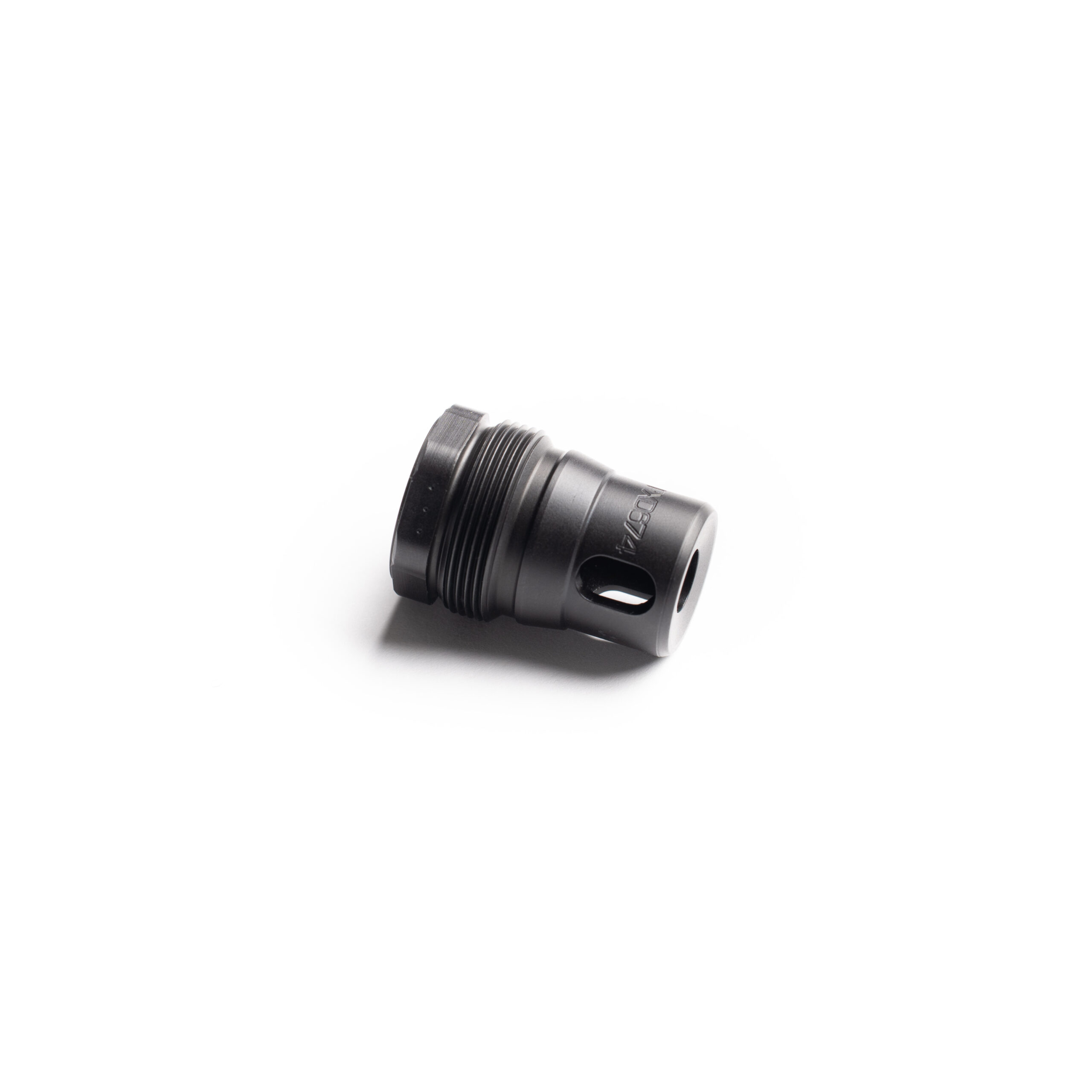 Black threaded nozzle component on white background