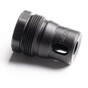 Black metal connector with threading and openings.