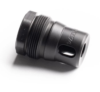 Black metal connector with threading and openings.