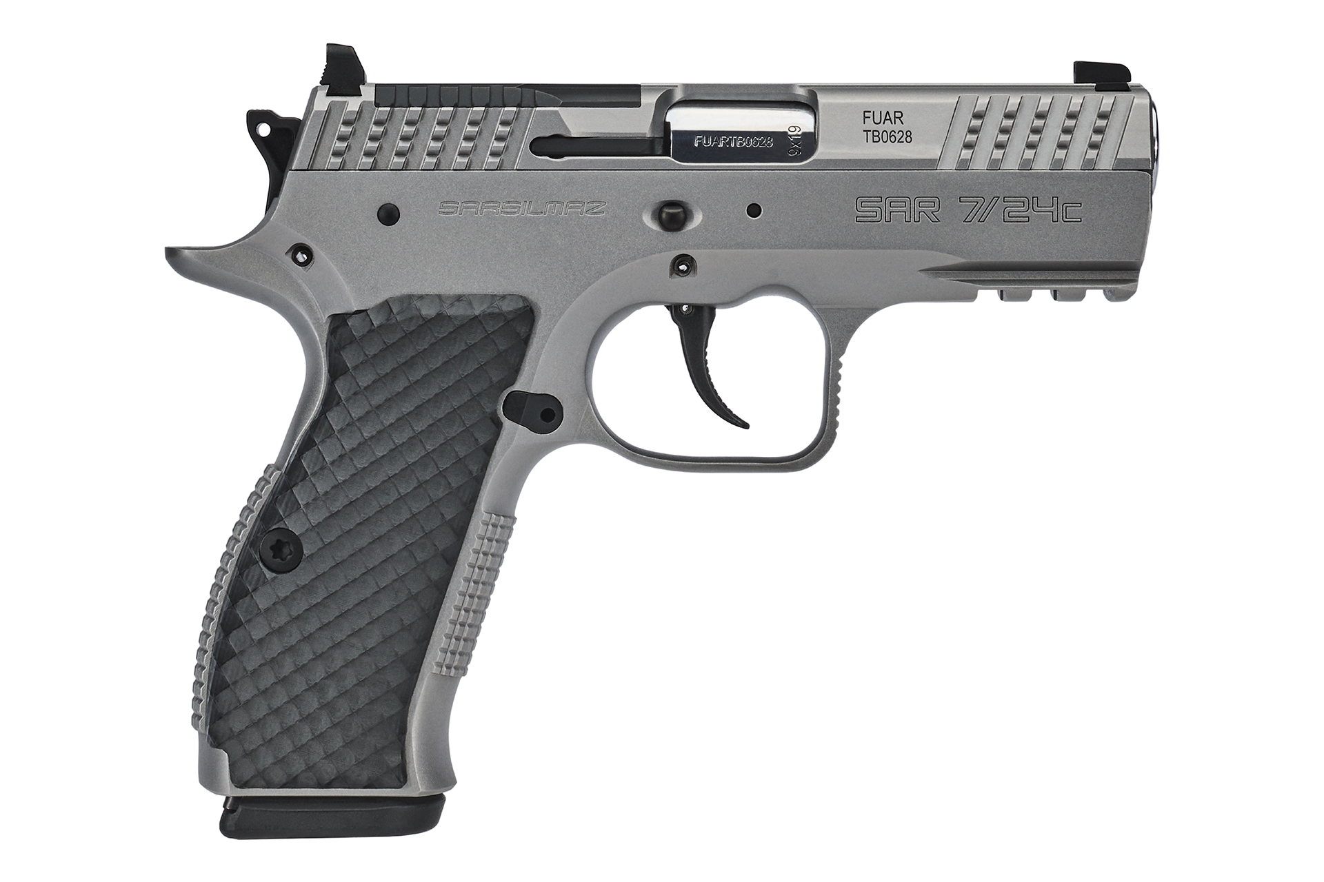 Modern semi-automatic handgun with textured grip.