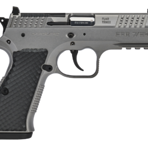 Silver semi-automatic handgun with textured grip.