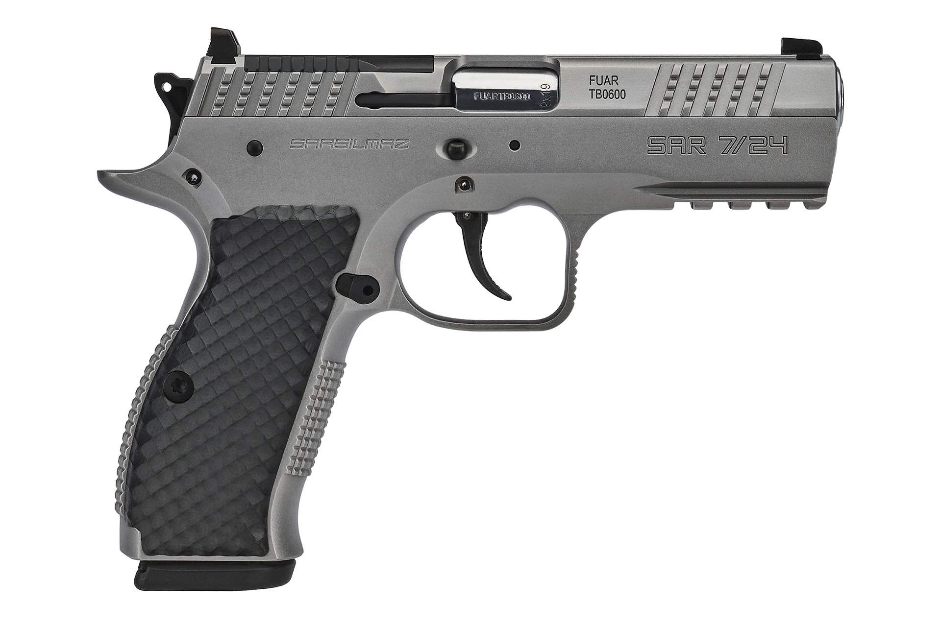 Silver semi-automatic handgun with textured grip.