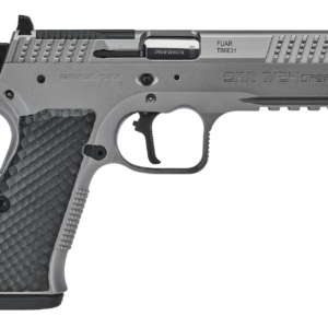 Side view of a silver and black handgun.