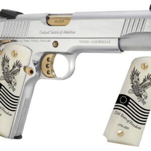 Silver pistol with eagle-themed grips.