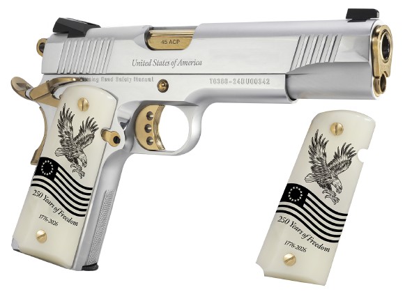 Silver pistol with eagle-themed grips.