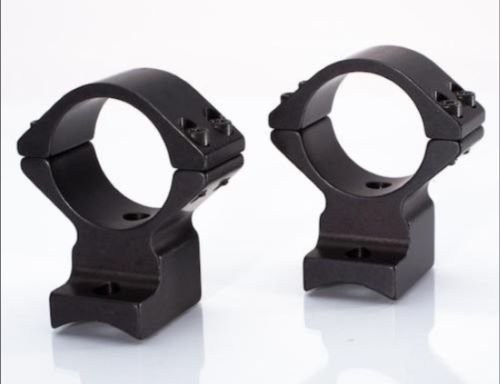 Pair of black scope rings for mounting optics.