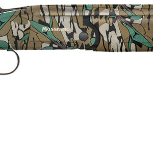 Camouflaged shotgun displayed against a white background.