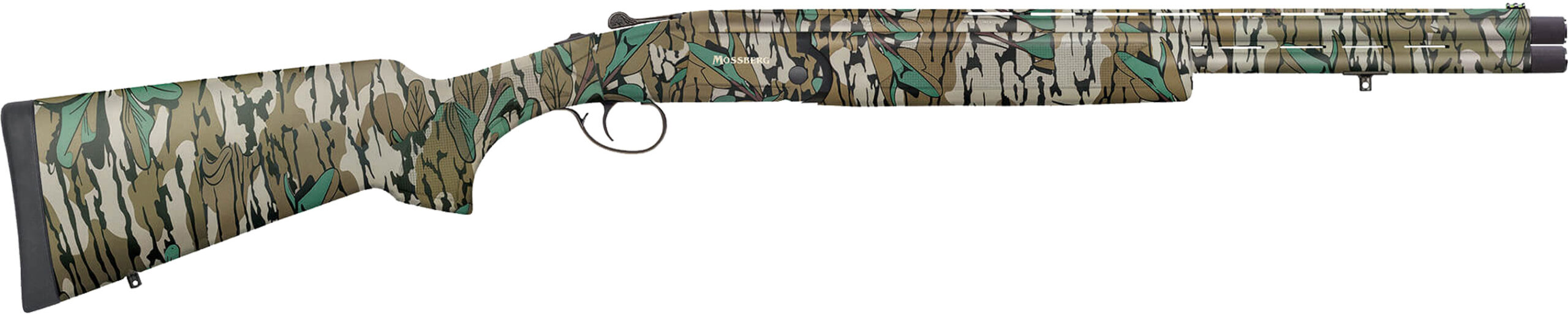 Camouflaged shotgun displayed against a white background.