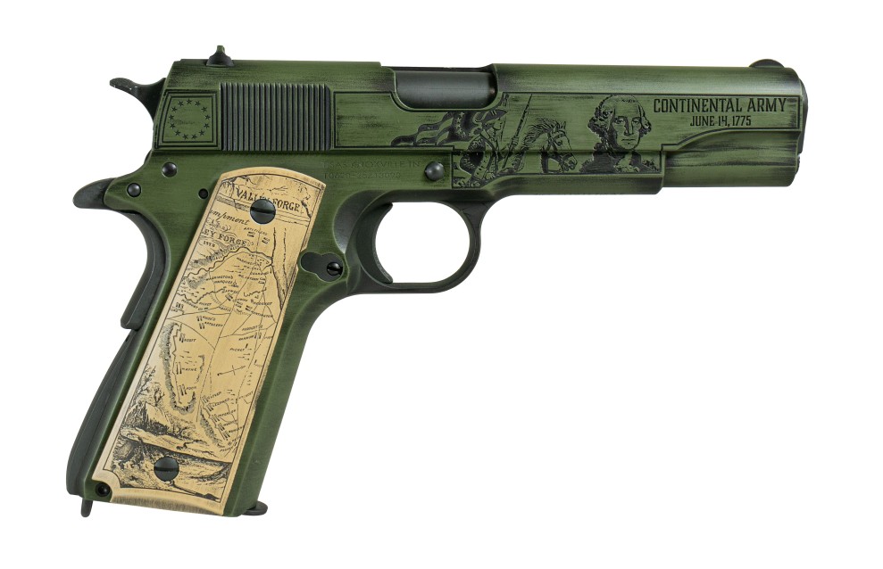 Green pistol featuring Continental Army design elements.