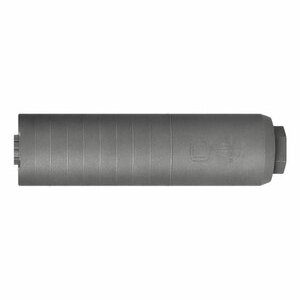 Gray firearm suppressor with textured surface.