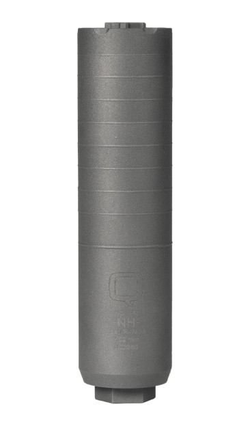 Gray firearm suppressor with textured surface.