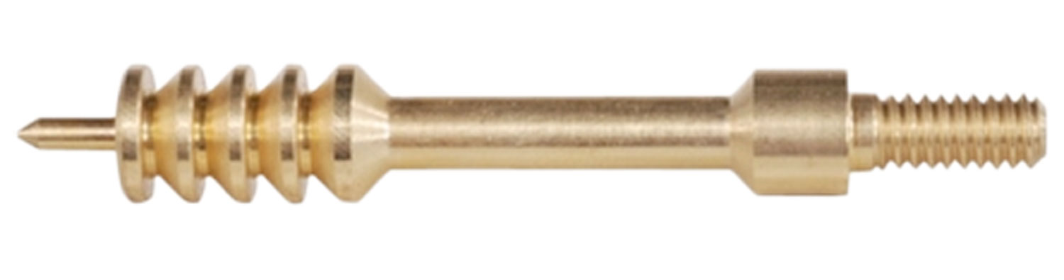 Brass screw with spiral grooves and pointed tip.