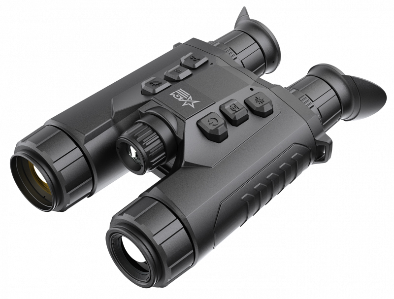 High-tech black binoculars with various controls