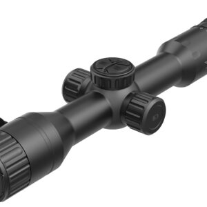 Black rifle scope with adjustable settings.