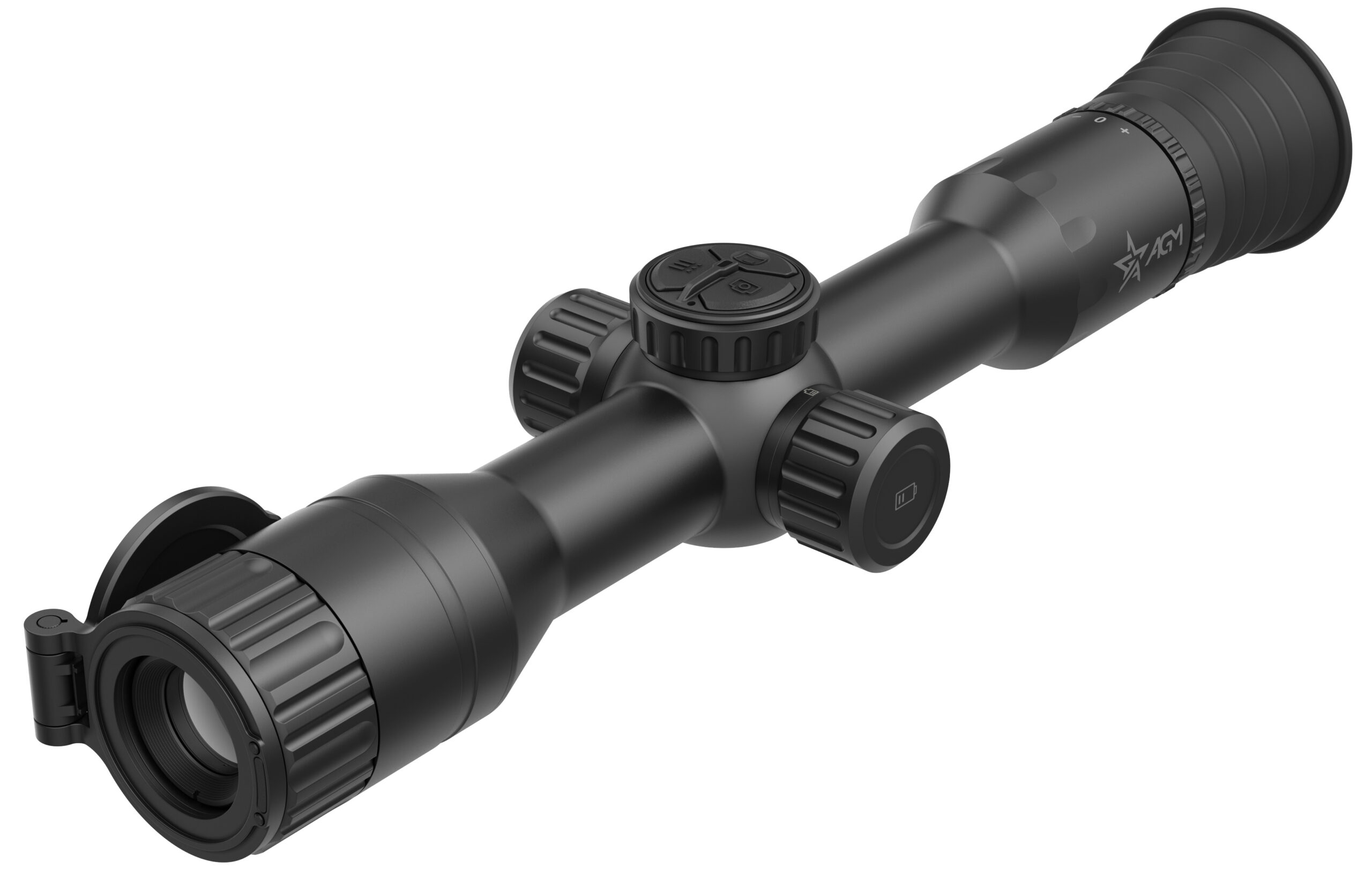 Black rifle scope with adjustable settings.