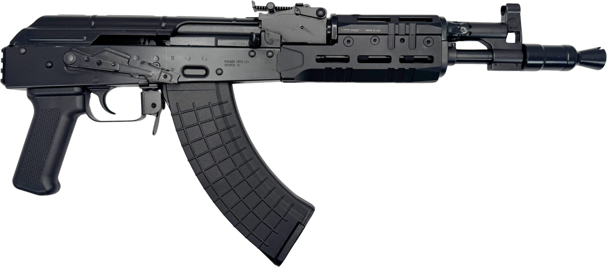 Black semi-automatic rifle with extended magazine.