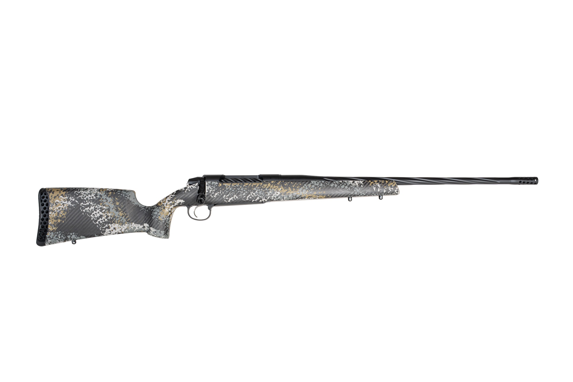 Side view of a camouflaged hunting rifle.