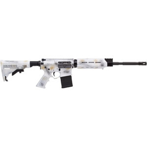 White camouflage rifle with prominent features.