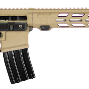 Tan rifle with modern design and magazine.