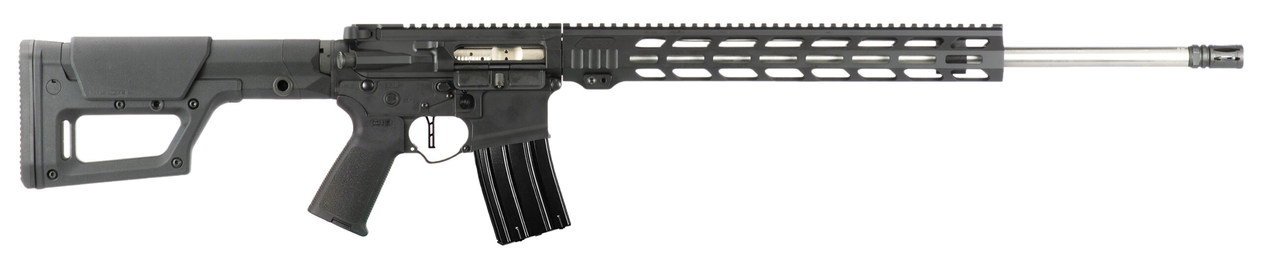 Black AR-15 style rifle on a white background.