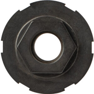 Black hexagonal nut with central hole