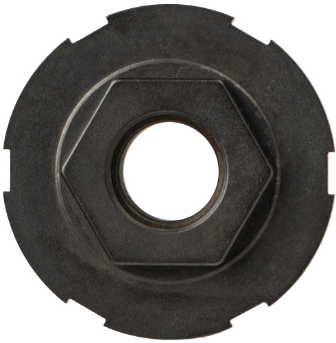 Black hexagonal nut with central hole