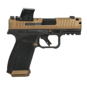 Canik pistol with red dot sight, side view.