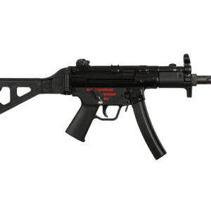 Black submachine gun with adjustable stock.