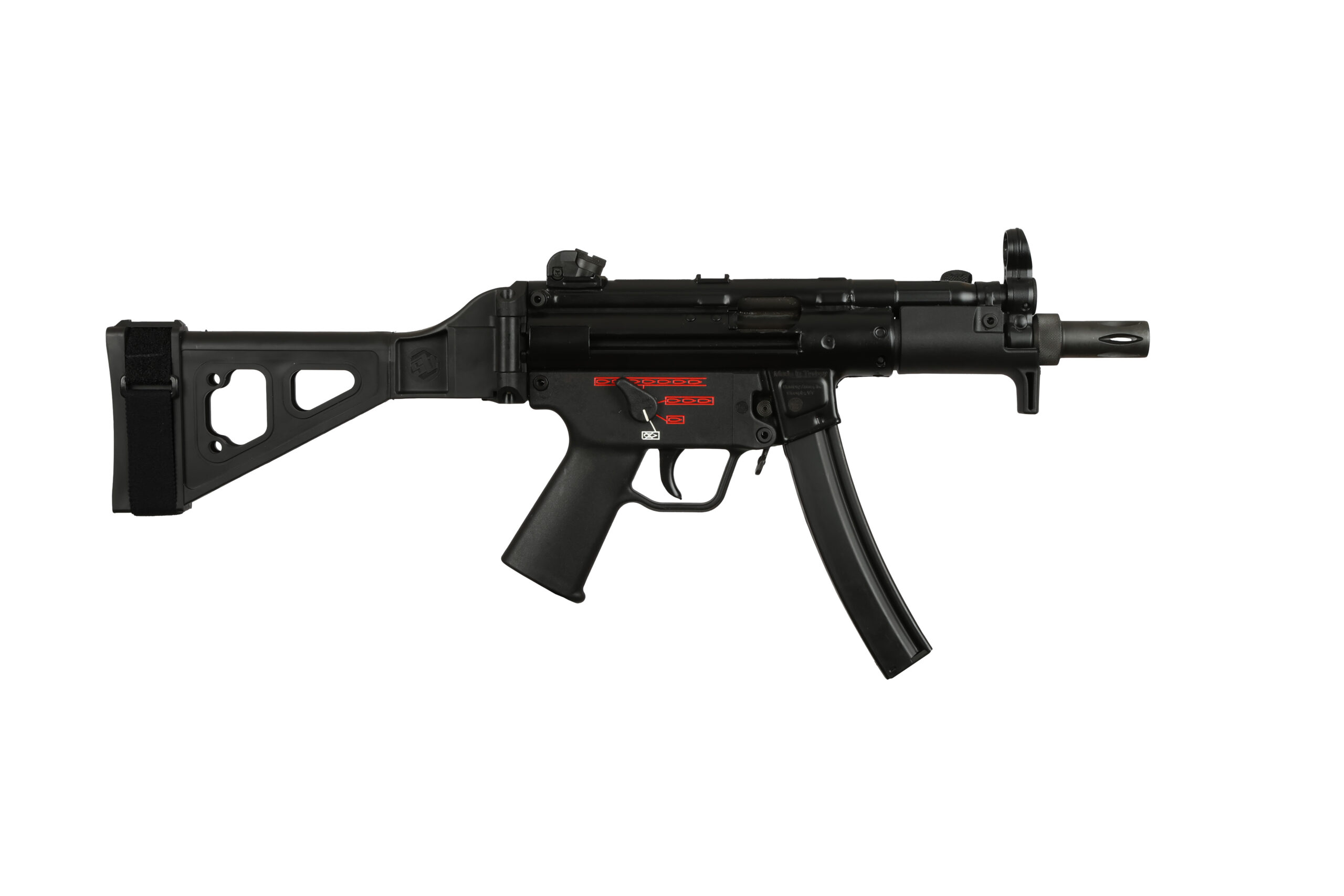 Black submachine gun with adjustable stock.