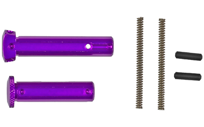 Purple skateboard hardware including bolts and spacers.